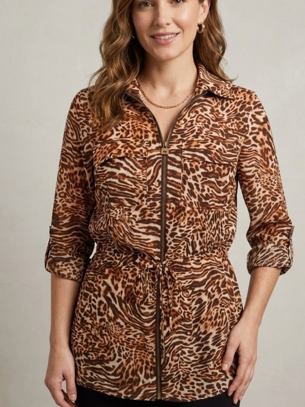 Michael Kors Big Cat Zip-Up Tunic Small Chocolate MSRP .